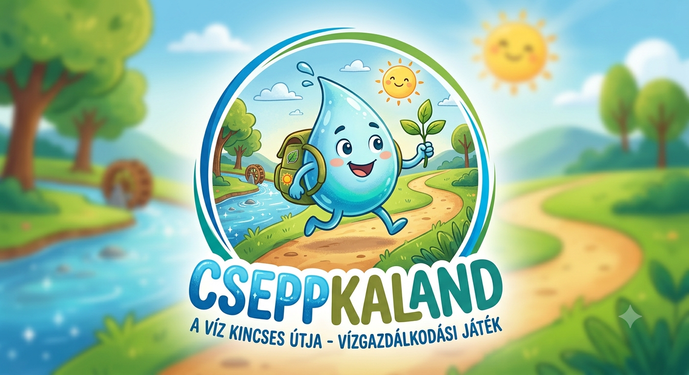 Cseppkaland – mosolygó vízcsepp kabala hátizsákkal egy patak melletti ösvényen